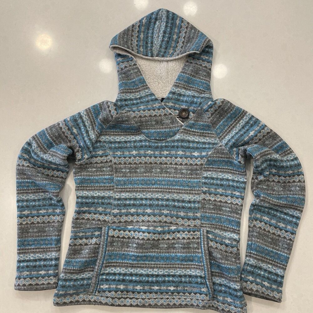 Koppen Blue Gray Fair Isle Sherpa Lined Hooded Sweater Womens Large Button Neck